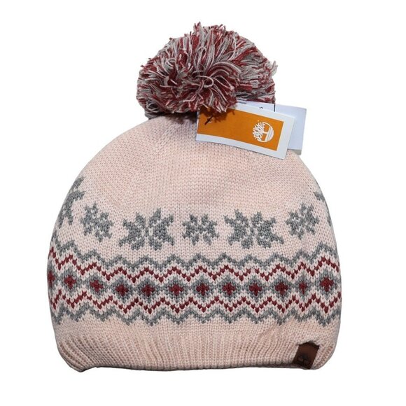 Timberland Accessories - Timberland Pom Pom Hat Fleece Lined Pink Gray Winter Knit Fair Isle Beanie NEW